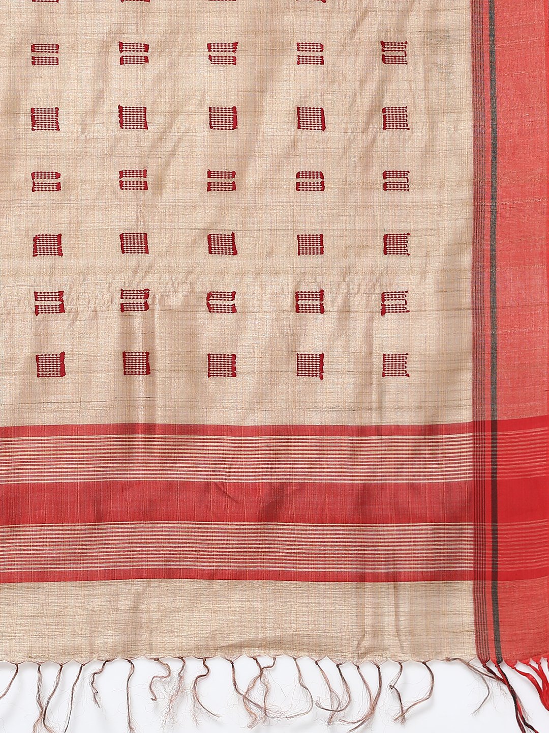 Beige & red tussar silk saree