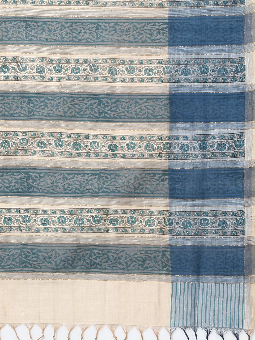 Off white block print cotton saree