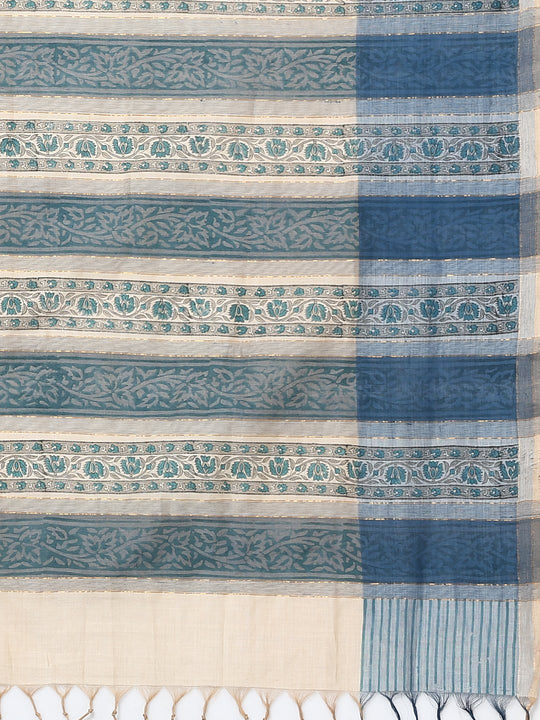 Off white block print cotton saree