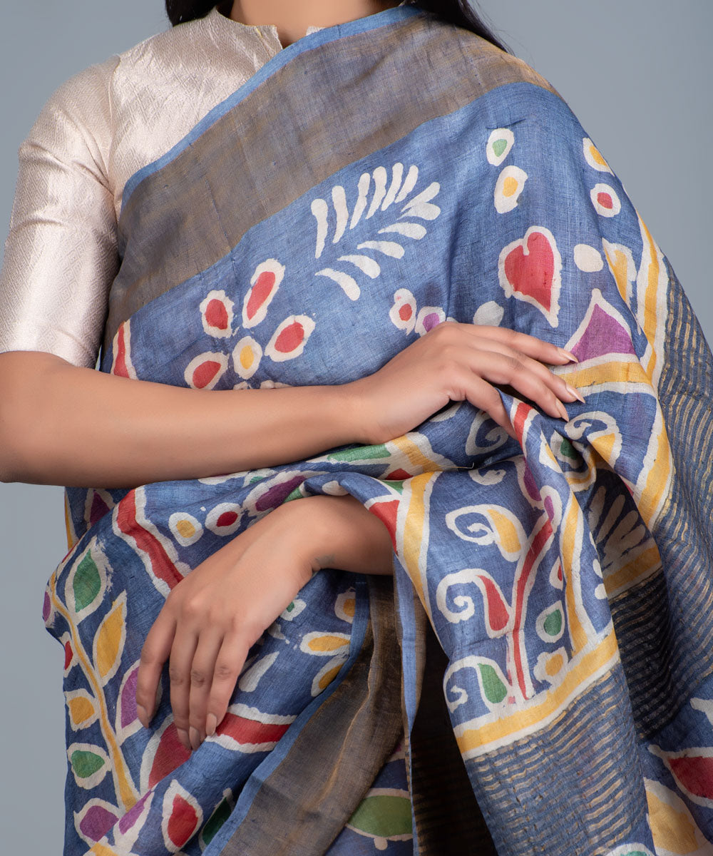 Blue mulberry silk hand painted batik saree