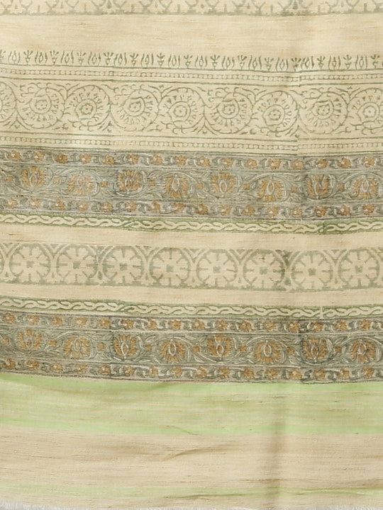 Handblock printed light green cotton saree