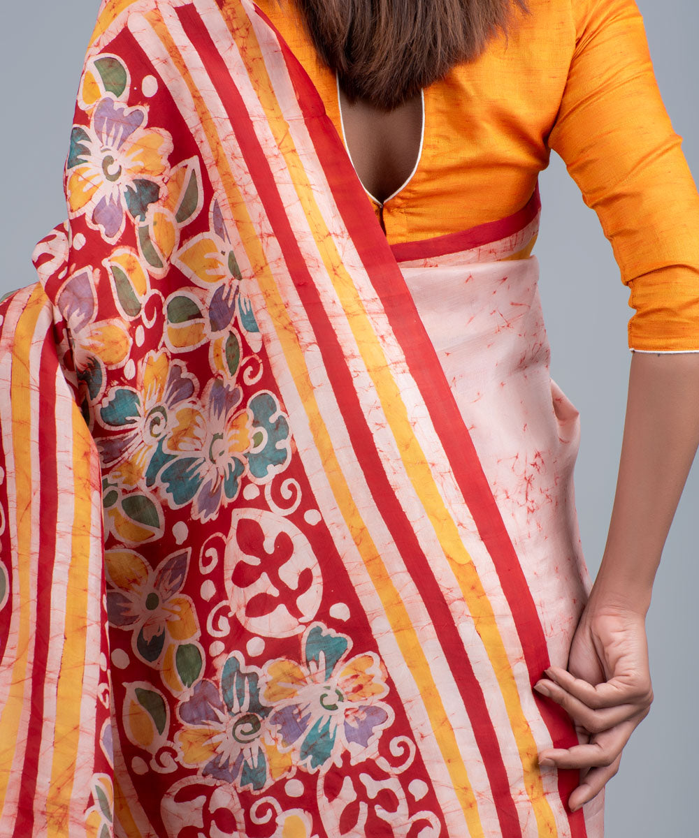 Pink red mulberry silk hand painted batik saree