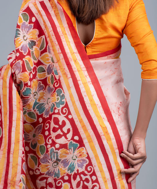 Pink red mulberry silk hand painted batik saree