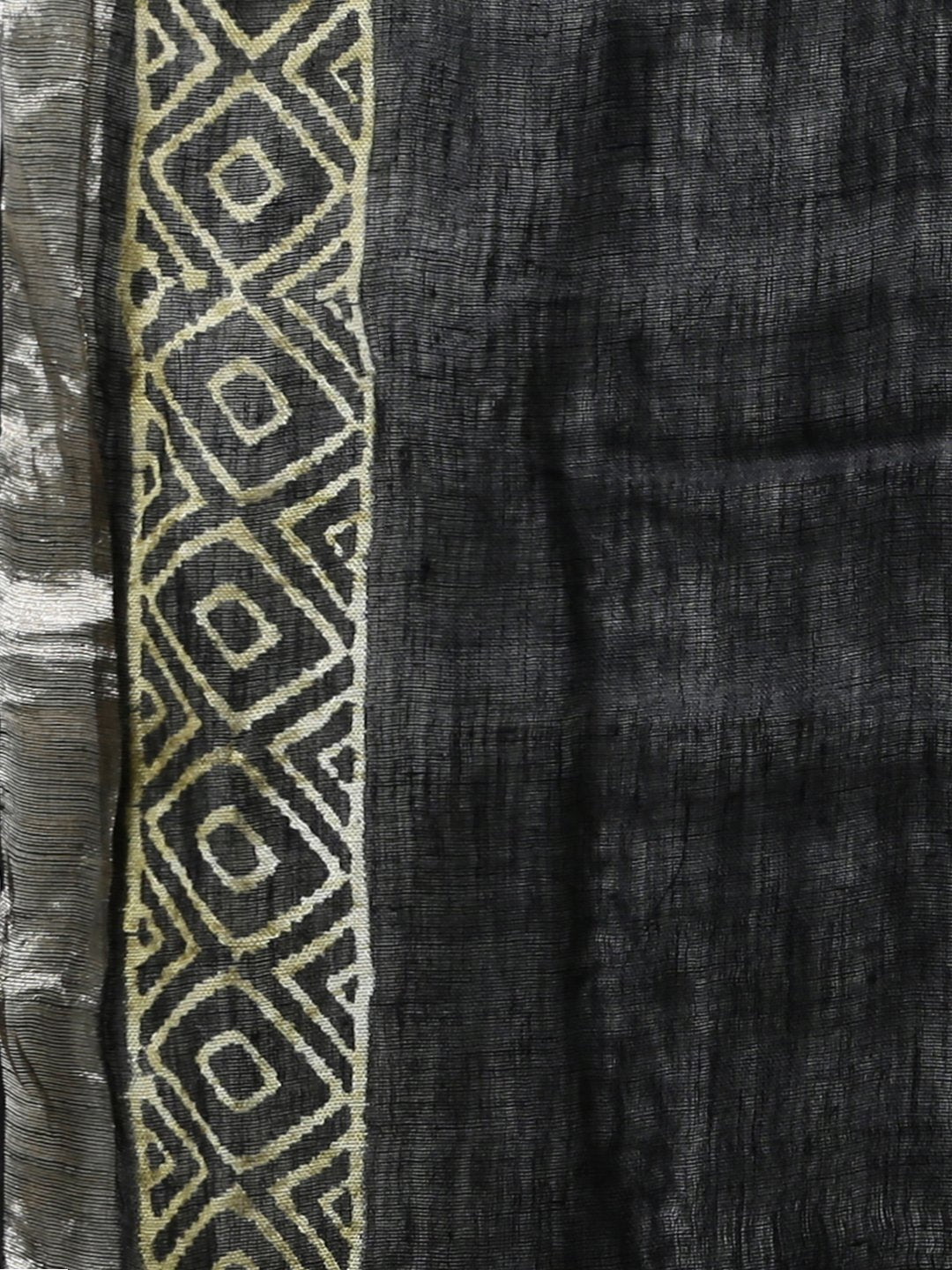 Jet black handblock print linen saree