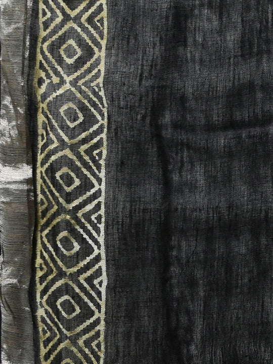 Jet black handblock print linen saree