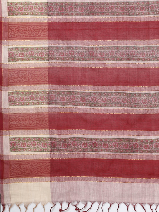Light maroon block print cotton saree