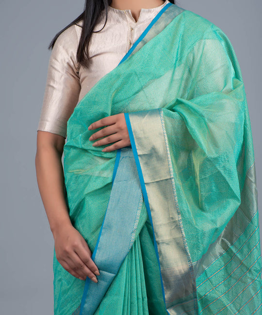 Sea green handwoven maheshwari cotton silk saree