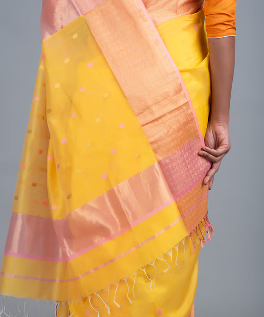 Yellow pink handwoven maheshwari cotton silk saree