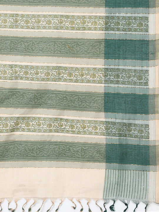 Off white & green block print cotton saree