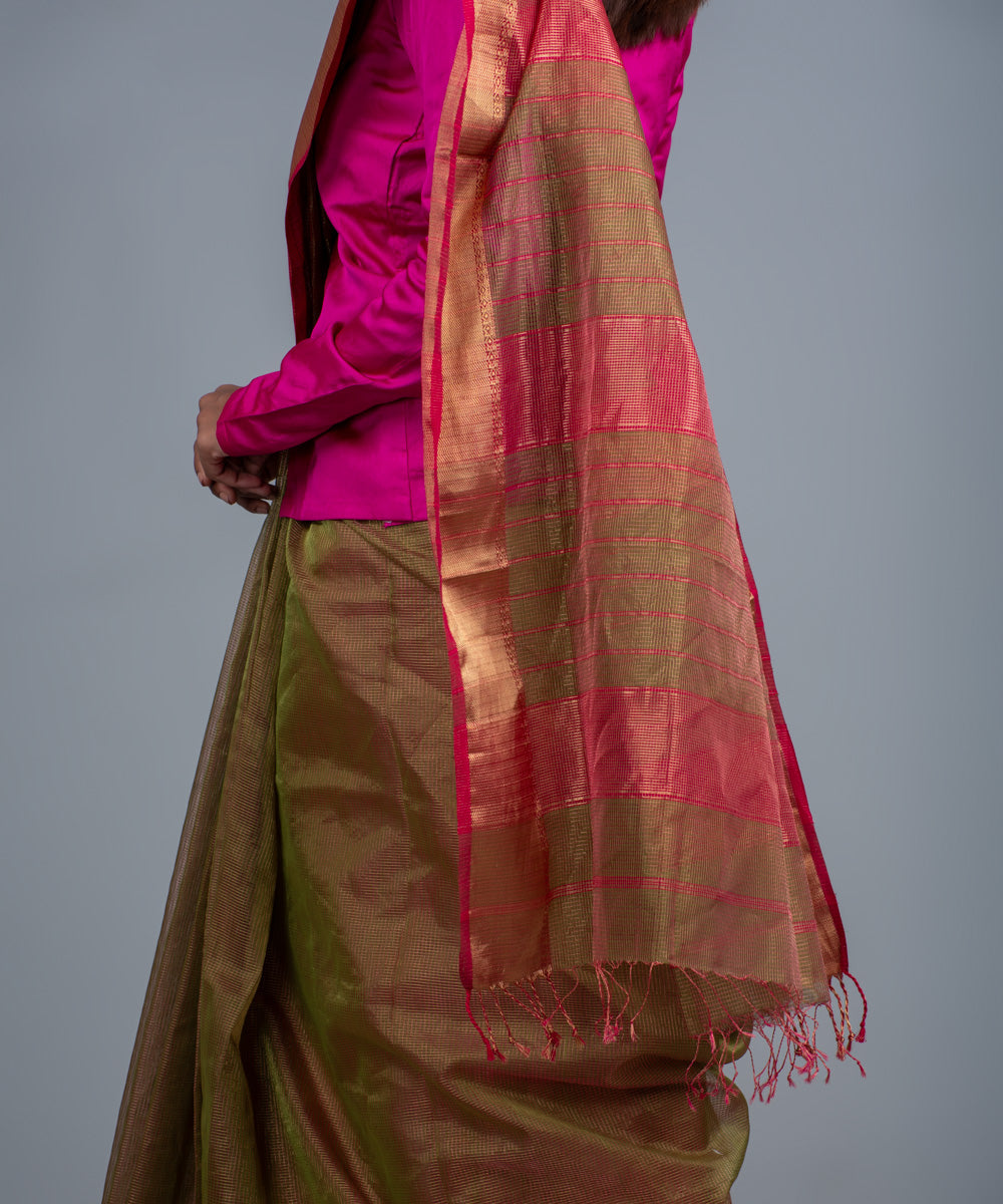 Green pink handwoven maheshwari cotton silk saree