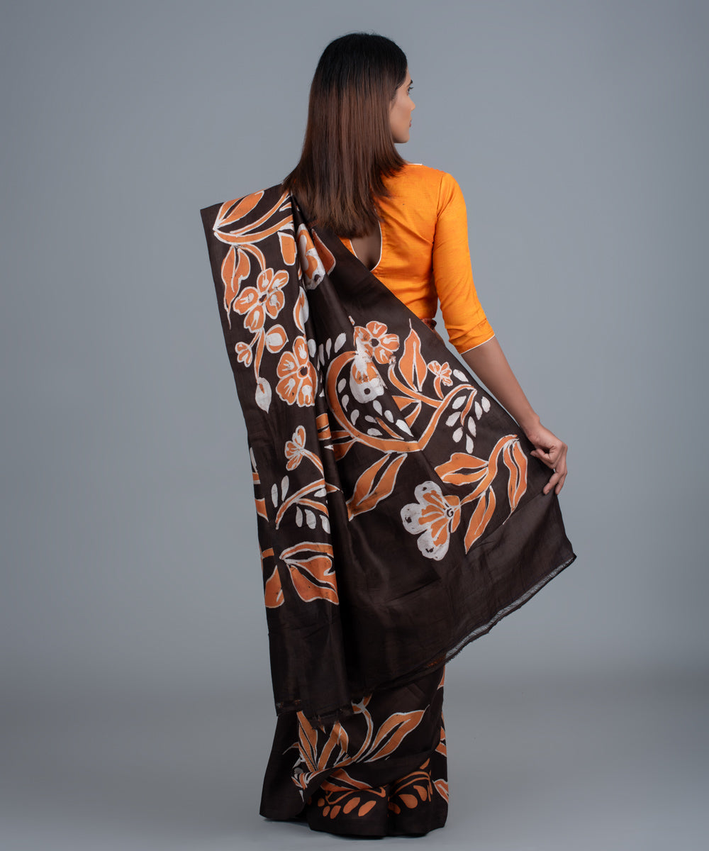 Brown black mulberry silk hand painted batik saree