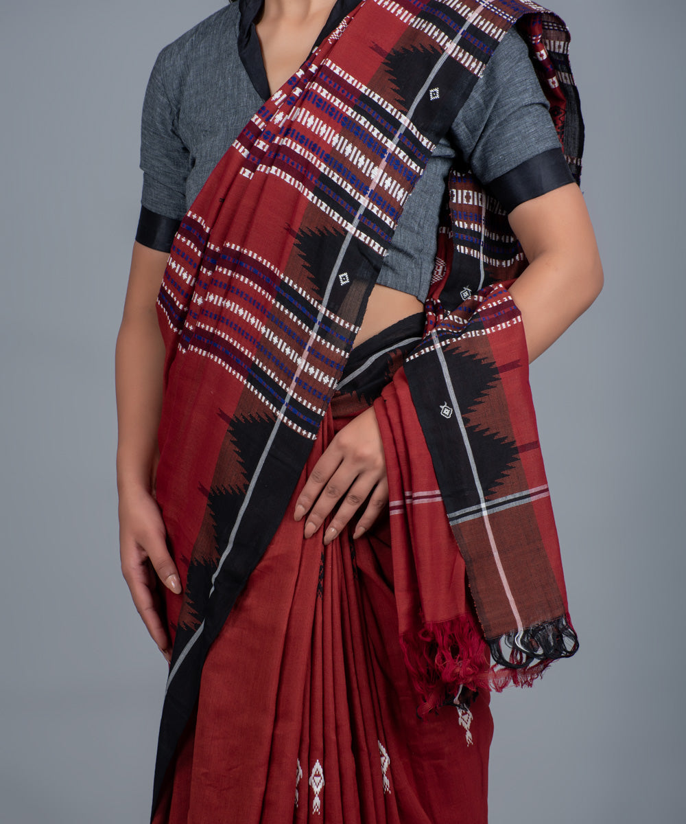 Maroon black handwoven fish motifs cotton kotpad saree