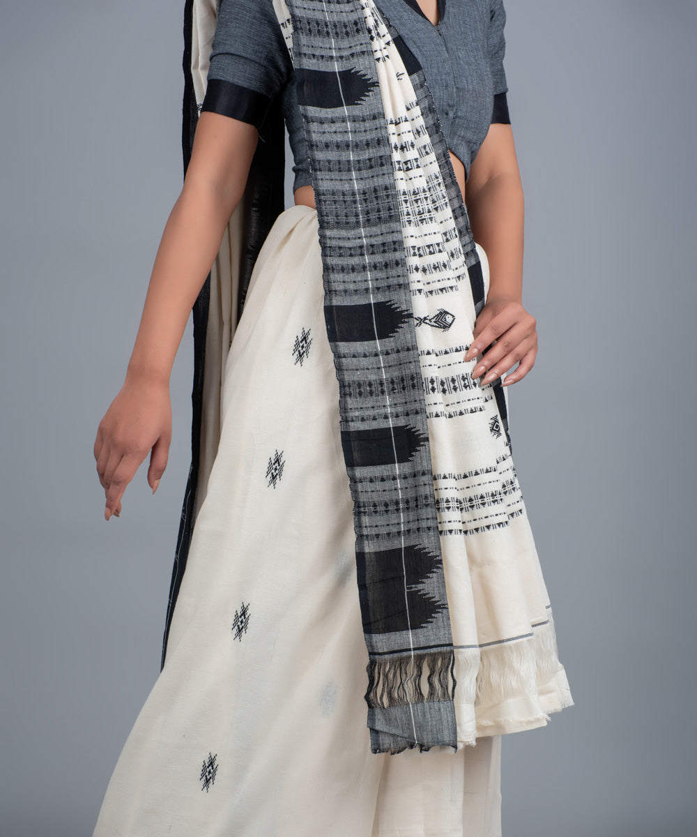 White black handwoven cotton kotpad saree