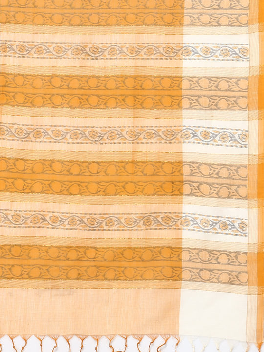 Light orange block print cotton saree
