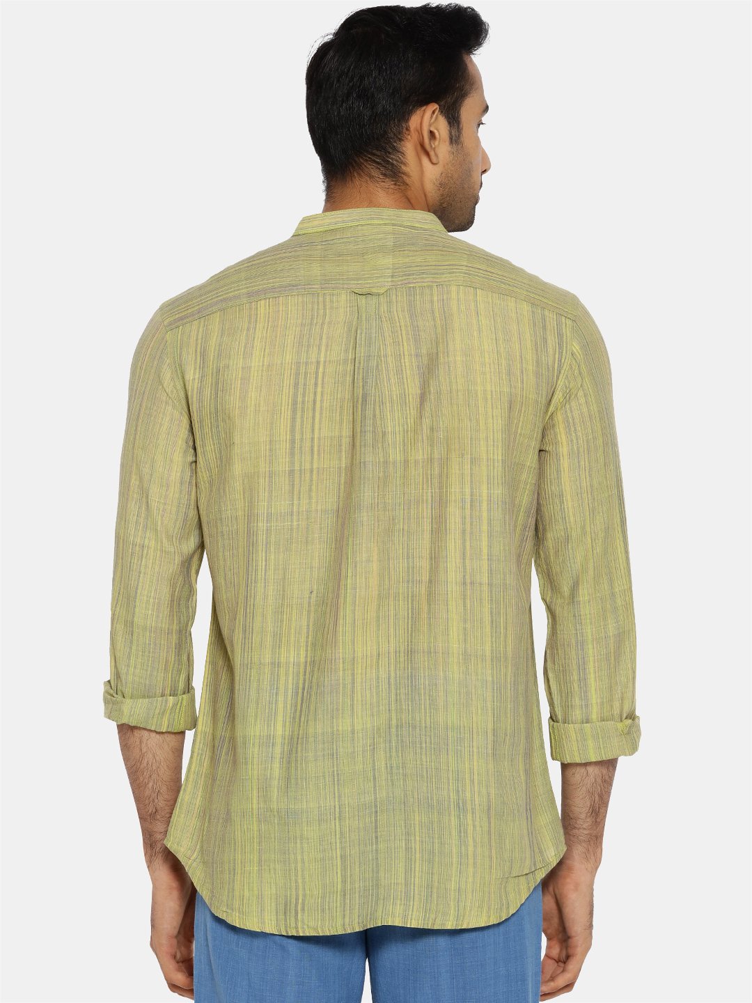 Lime green striped mandarin collared shirt