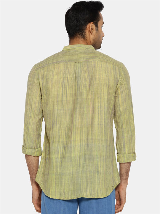Lime green striped mandarin collared shirt
