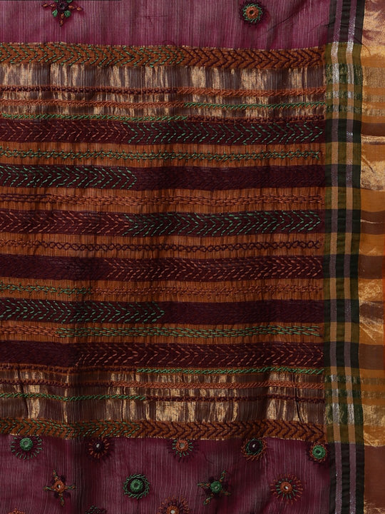 Hand embroidery magenta cotton saree