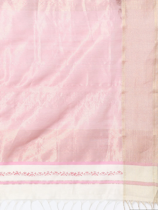 White & pink silk cotton printed maheswari saree
