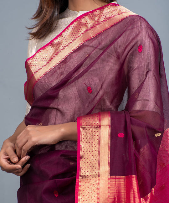 Maroon pink handwoven maheshwari cotton silk saree
