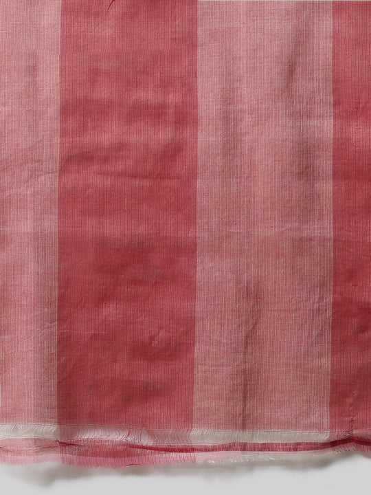 Peach white checks handloom cotton silk saree