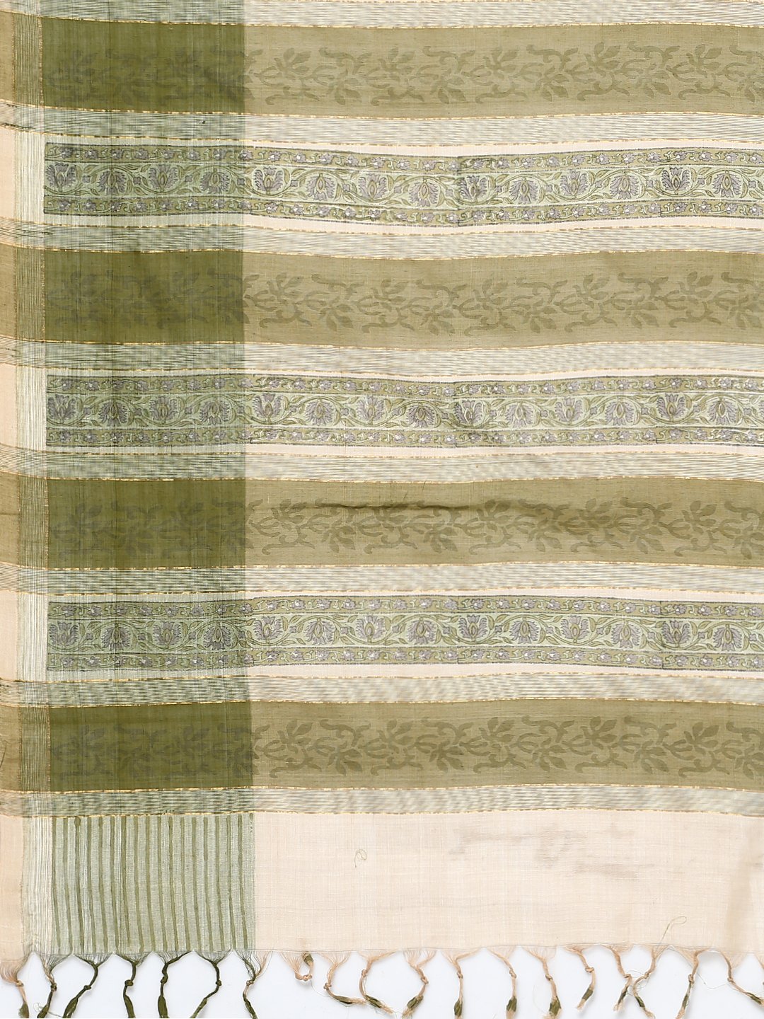 Off white & green block print cotton saree