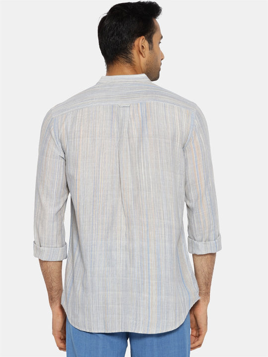 Light blue striped mandarin collar shirt