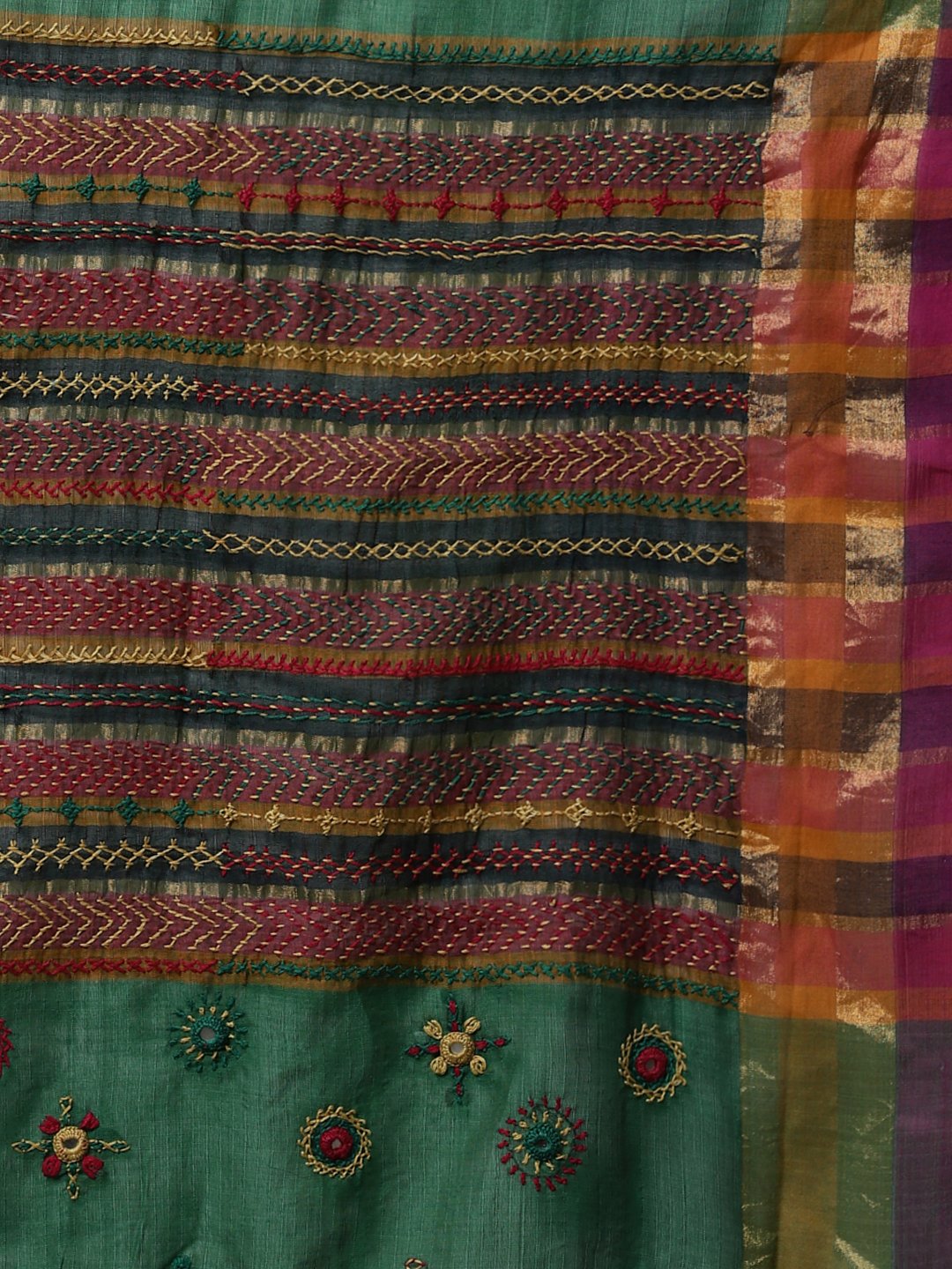 Dark green hand embroidery cotton saree