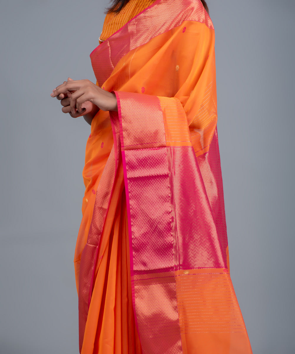 Orange pink handwoven maheshwari cotton silk saree