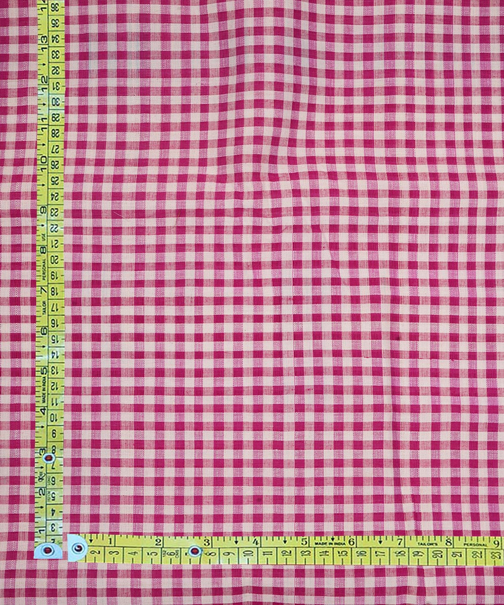 Magenta white handwoven checks cotton mangalgiri fabric