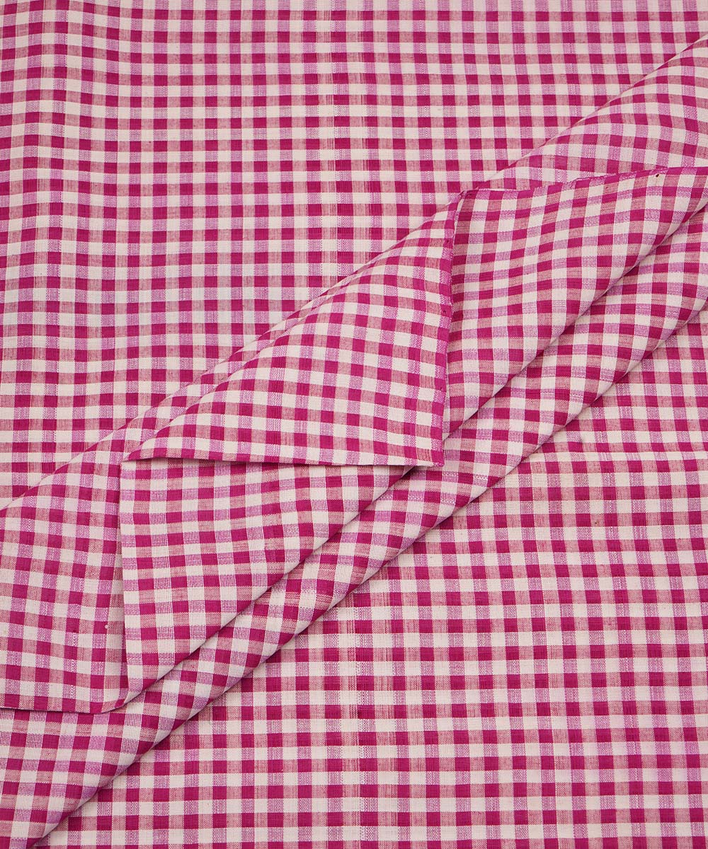Magenta white handwoven checks cotton mangalgiri fabric