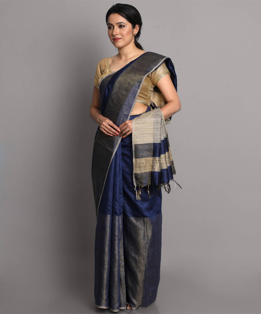 Dark blue handwoven tussar silk saree