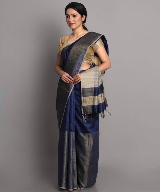 Dark blue handwoven tussar silk saree