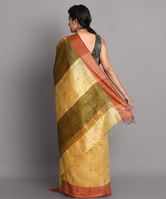 Lemon yellow handwoven tussar silk saree