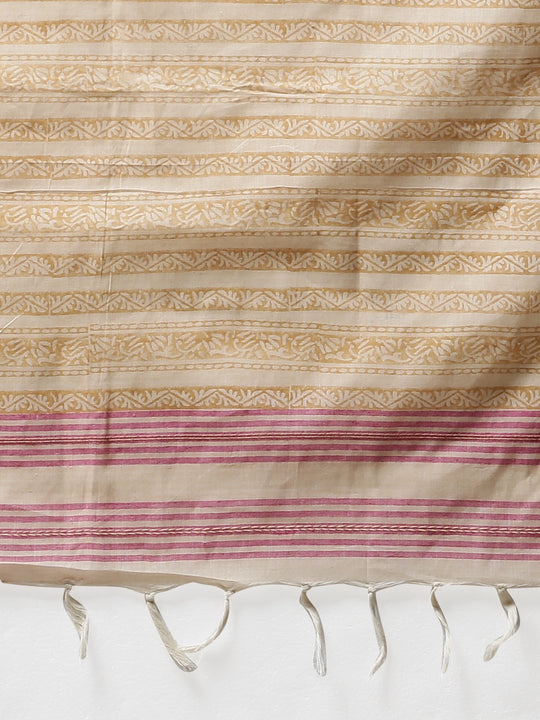 Cream brown handblock printed cotton saree