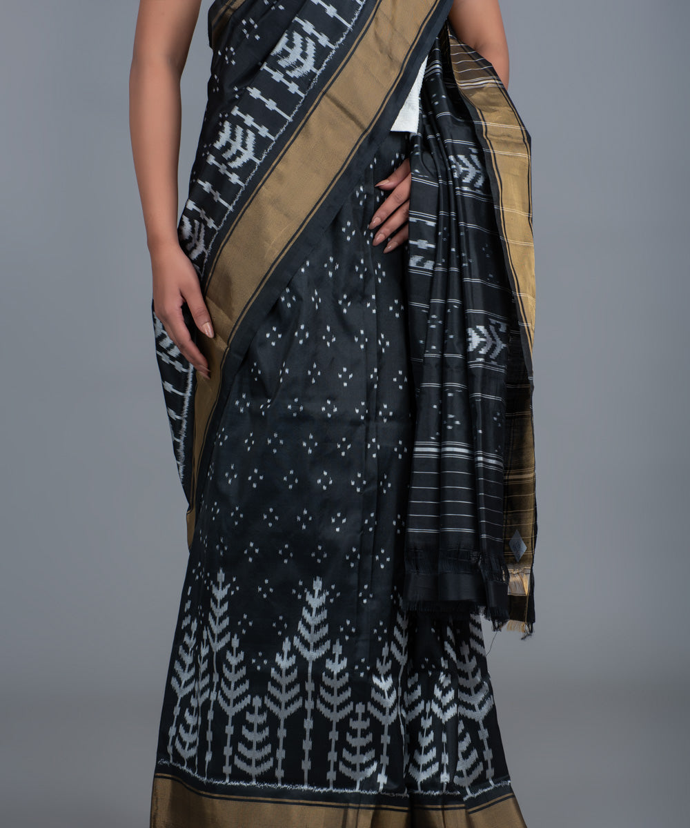 Black white handwoven pochampally ikat saree