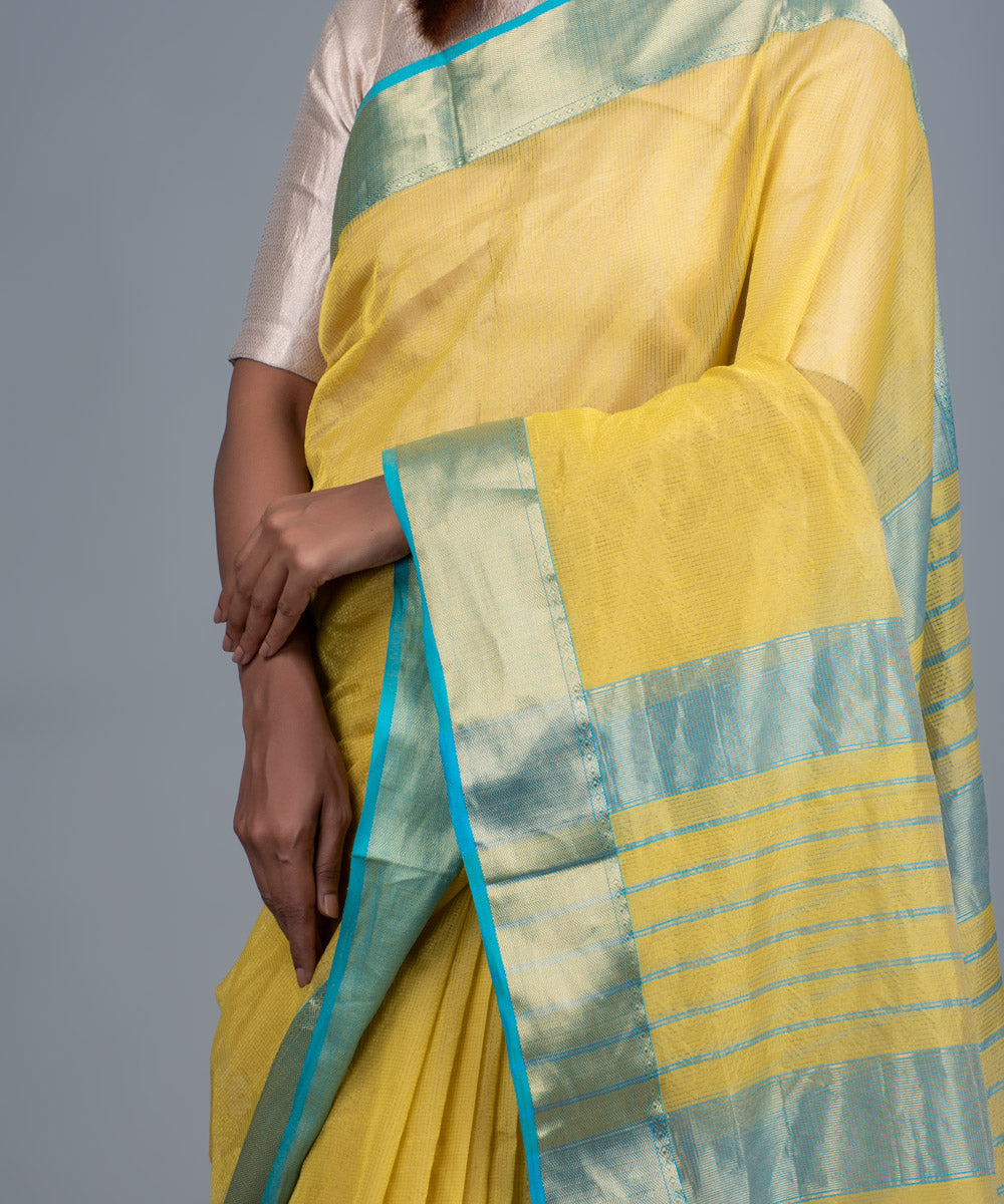 Yellow blue handwoven maheshwari cotton silk saree