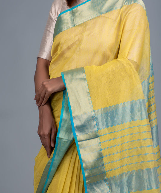 Yellow blue handwoven maheshwari cotton silk saree