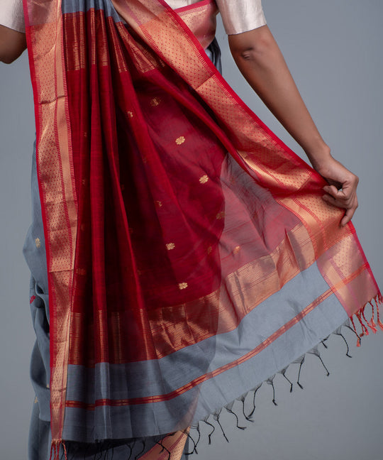 Grey red handwoven maheshwari cotton silk saree