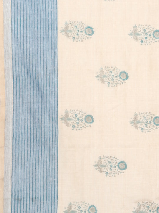 Off white block print cotton saree