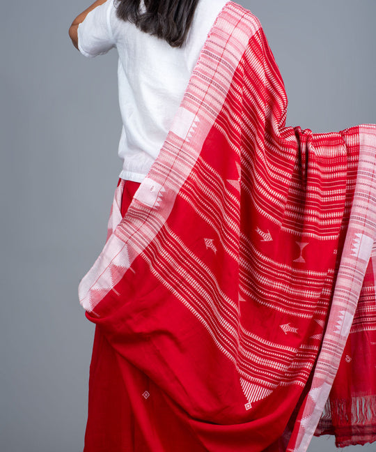Red white handwoven cotton kotpad saree