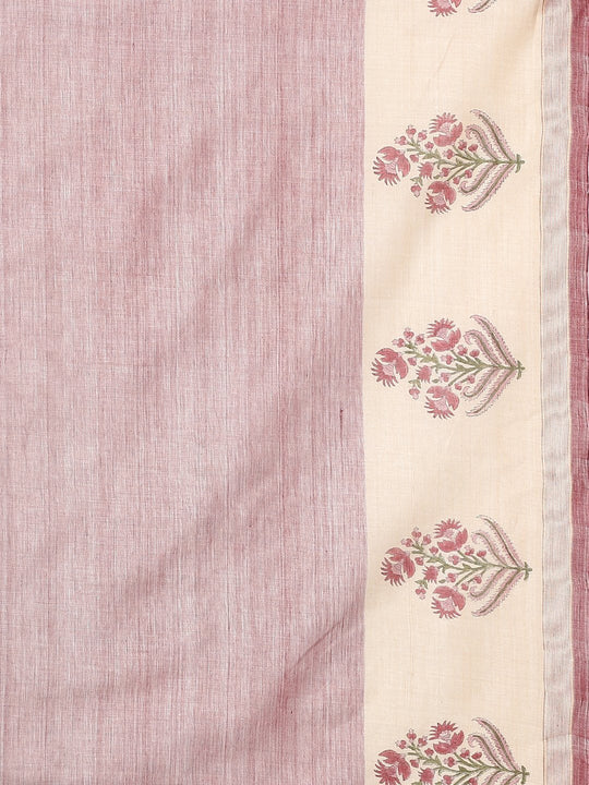 Light maroon block print cotton saree