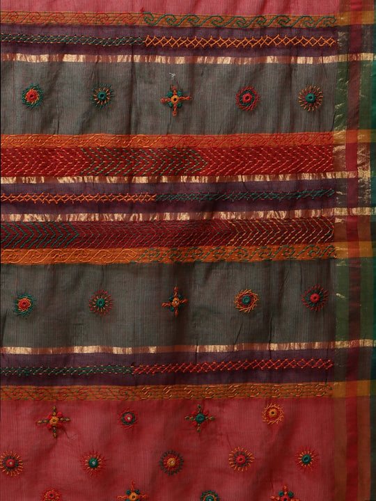 Red hand embroidery cotton saree
