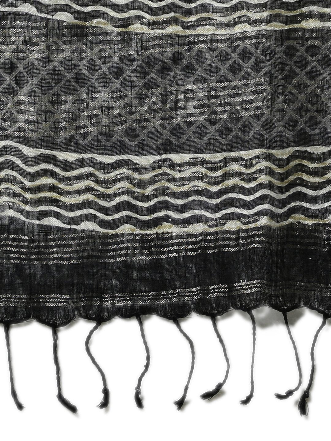 Black handblock print linen saree