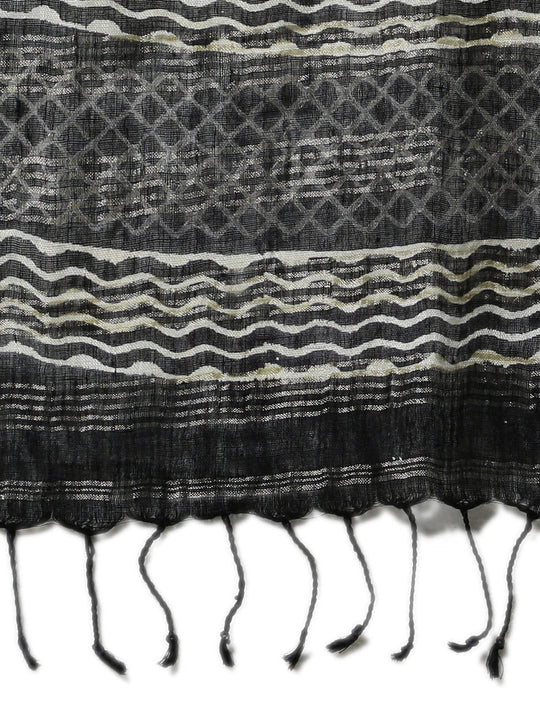 Black handblock print linen saree