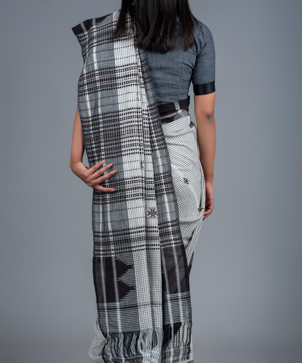 White black handwoven diamond motifs cotton kotpad saree