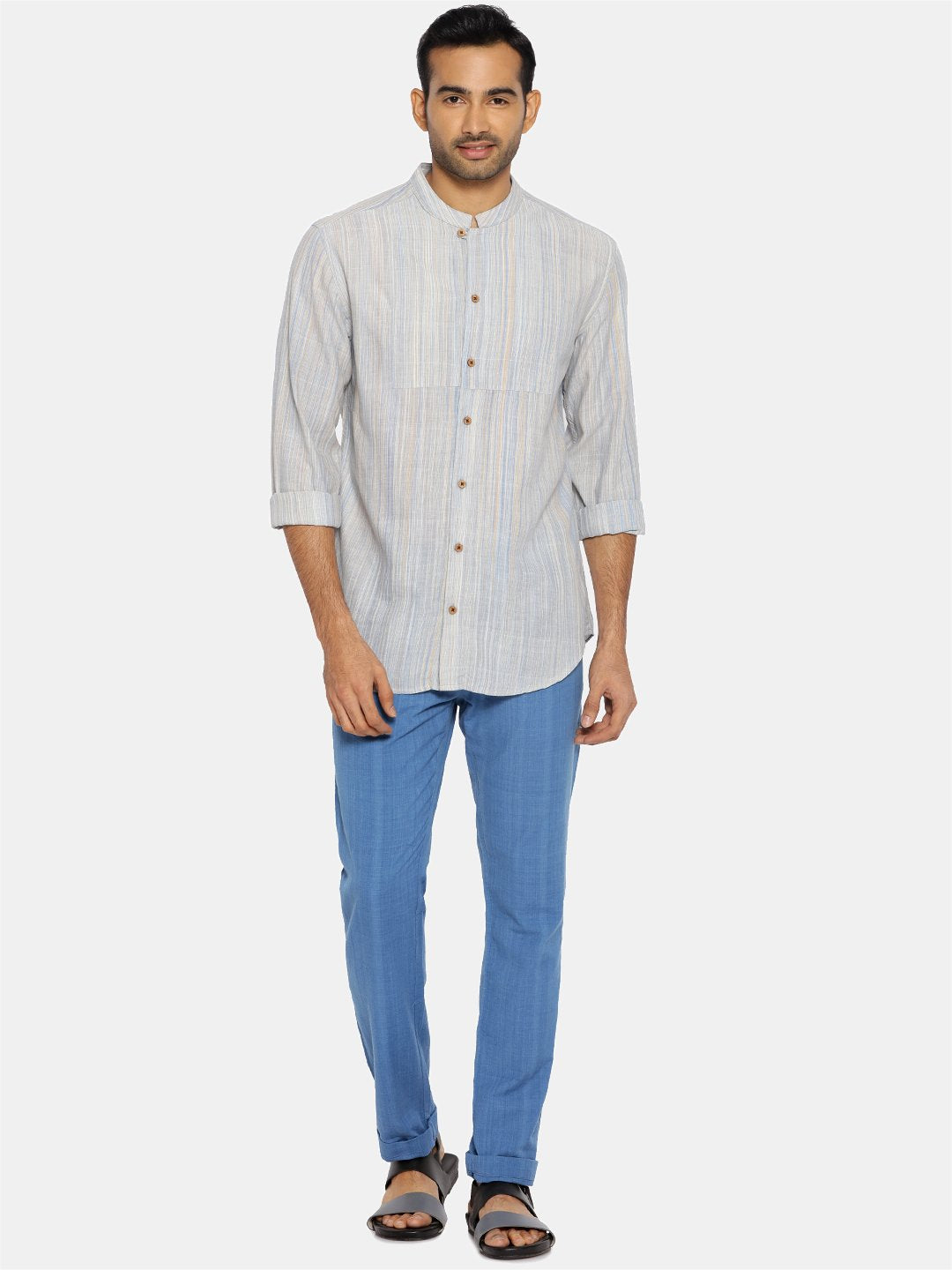 Light blue striped mandarin collar shirt