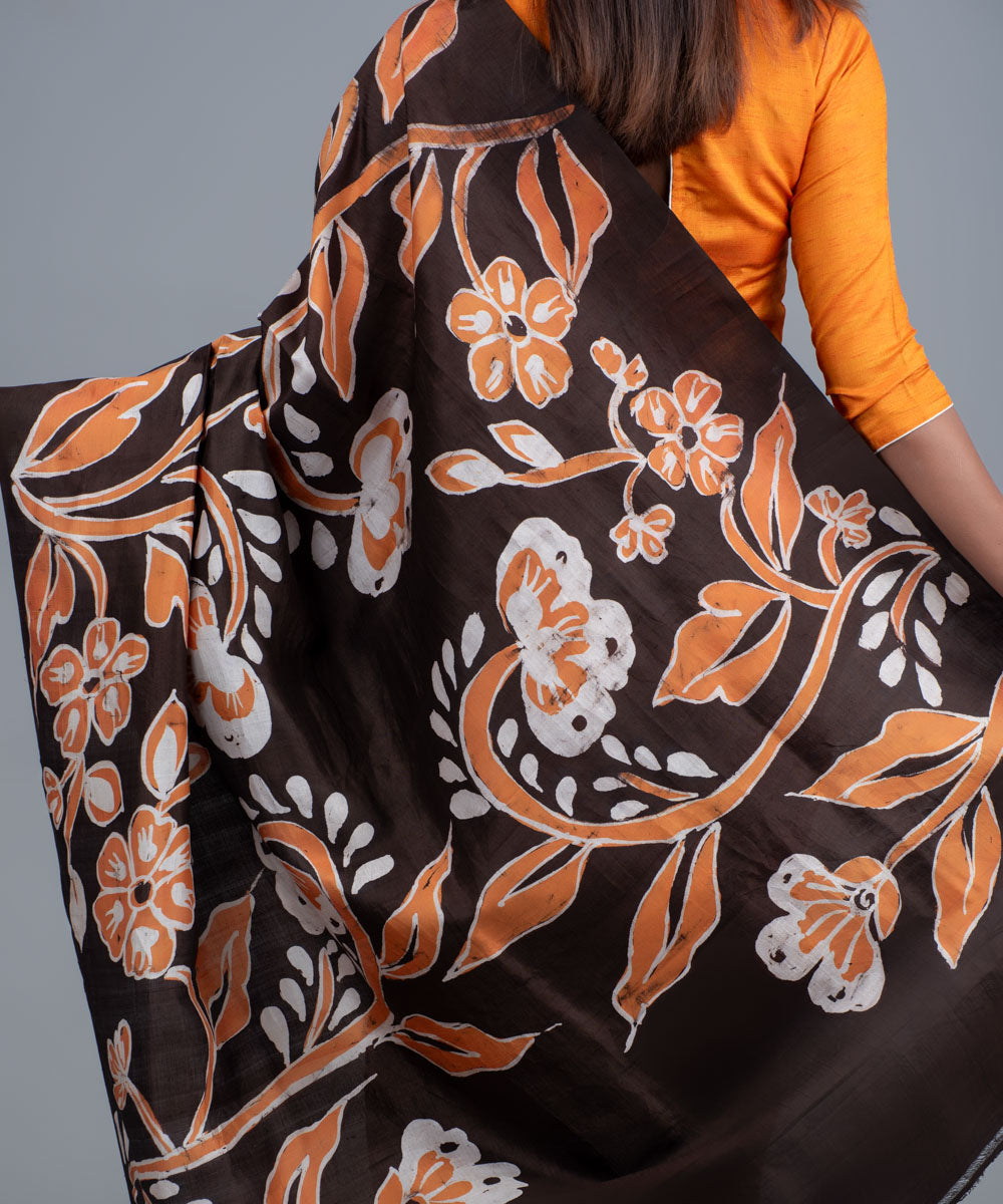Brown black mulberry silk hand painted batik saree