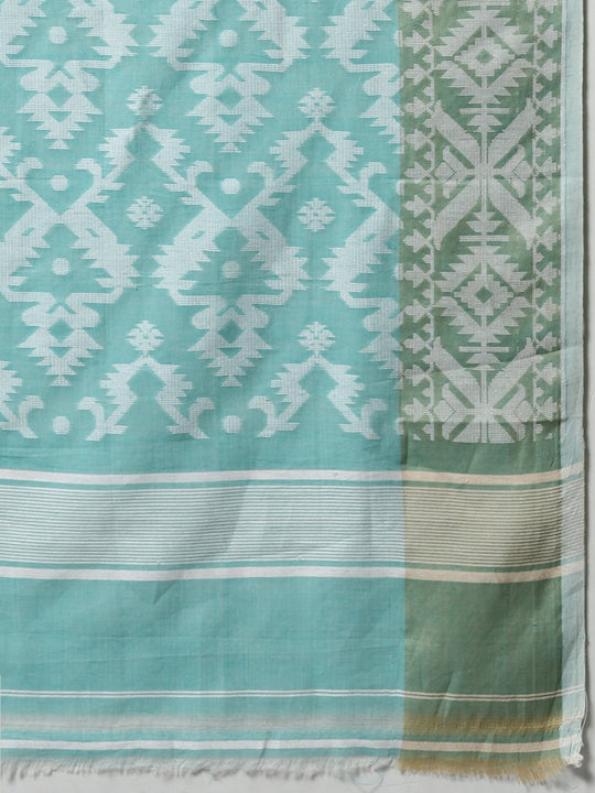 Aqua blue jamdani handloom cotton saree