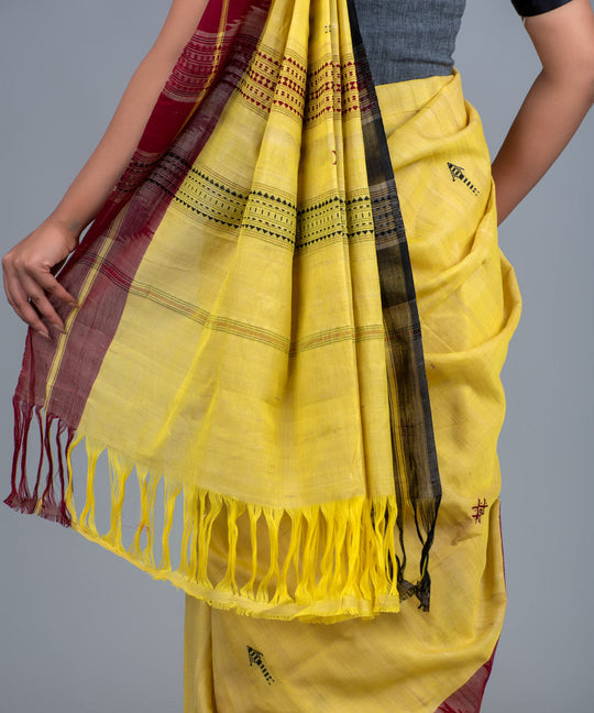 Yellow handwoven cotton kotpad saree
