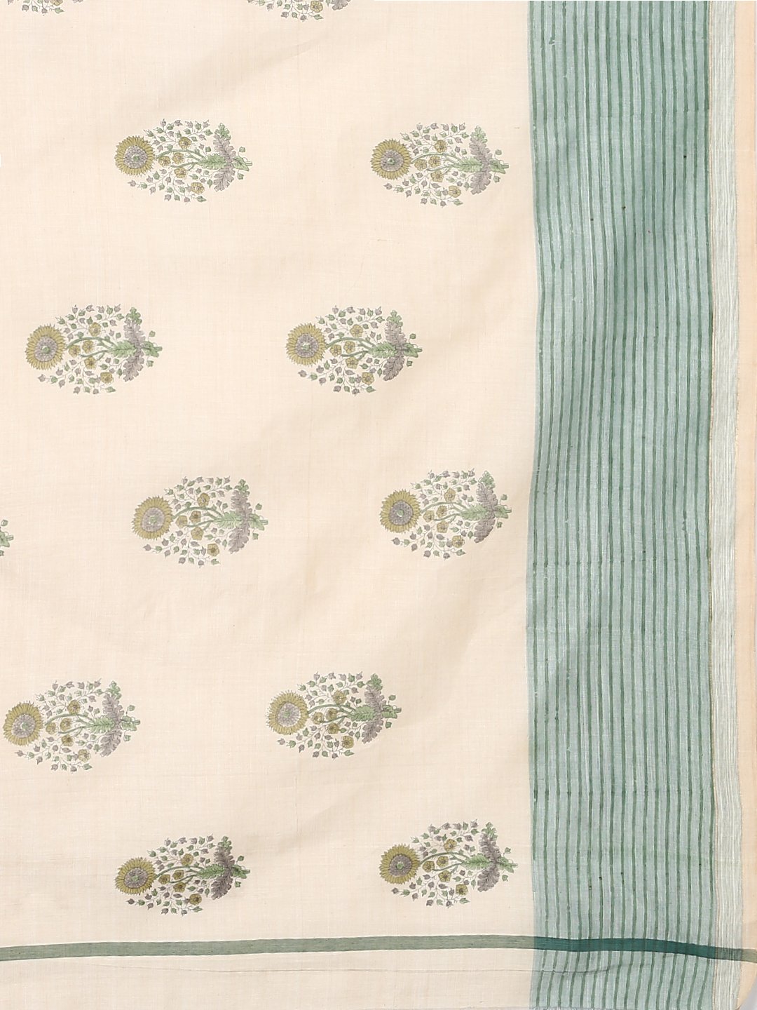 Off white & green block print cotton saree
